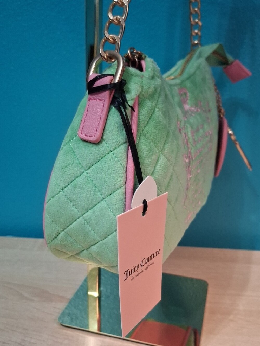 Juicy Couture TALE Retro Green Quilted Shoulder Bag with Pink Trim Y2K Nwt - Picture 3 of 10